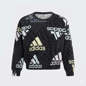 Adidas Logo Mania Crop Sweatshirt Youth L 14 Black Yellow Fleece Loose Fit JKT07